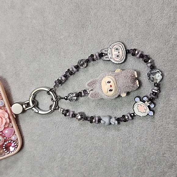 Gray Labubu Keychain with Crystal & Beads - Picture 1 of 5